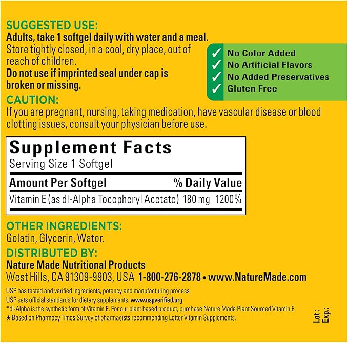 Nature Made Vitamin E 180 mg (400 IU) 300 Softgels, 300 Day
