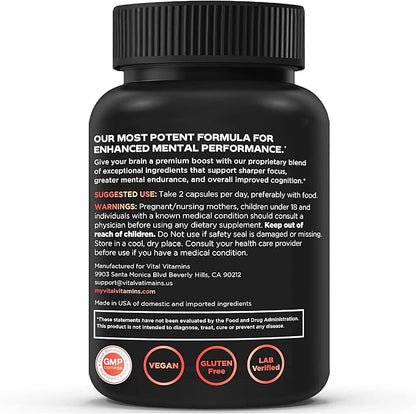 Vital Vitamins Brain Supplements for Memory & Focus - Brain Booster Plus Lion's Mane - Nootropic Brain Health - Memory, Clarity, Energy, Brain Fog - 60 Ct