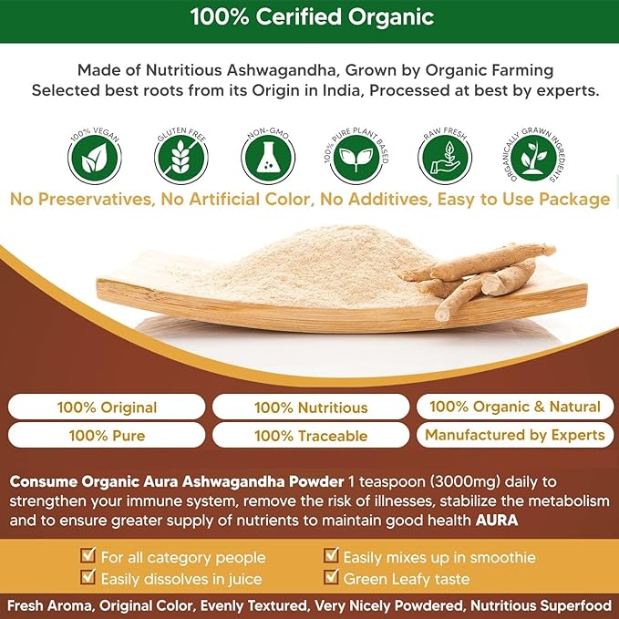 Certified Organic Ashwagandha Root Powder 16Oz -1Lb. Natural 100% Natural