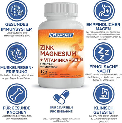 Magnesium Zinc Supplement with Vitamins B6, B9, High Absorption Zinc Magnesium Combination for Immune Support, Muscle Recovery, EZ-MG Easy on Stomach, 120 Capsules