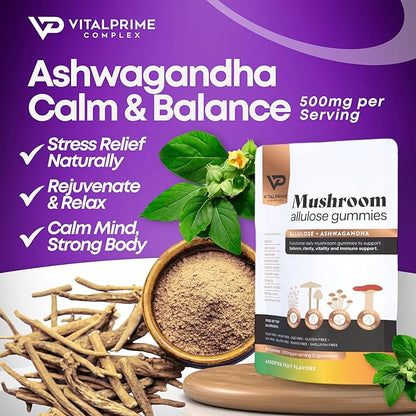 Sugar-Free Ashwagandha & Mushroom Gummies Supplement | 10 Functional Mushrooms per Serving | Immune Support, Focus, Energy | Vegan, Keto, Low Carb, Allulose Sweetener | 80 Gummies, Natural Flavors
