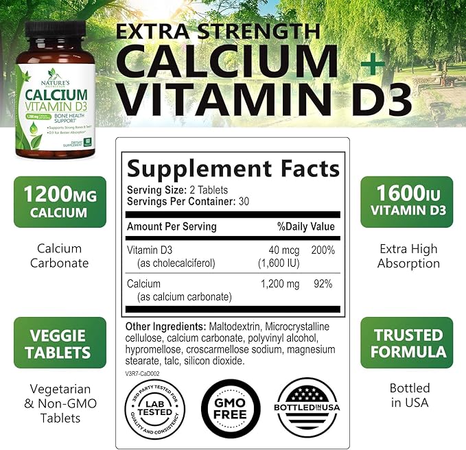 Calcium 1200 mg Plus Vitamin D3, 60 Tablets