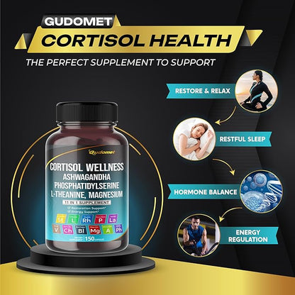 CORTISOL WELLNESS Magnesium Ashwagandha L-Theanine Phosphatidylserine Rhodiola Rosea Passionflower Lavender Chamomile -150 Capsules- Made in USA