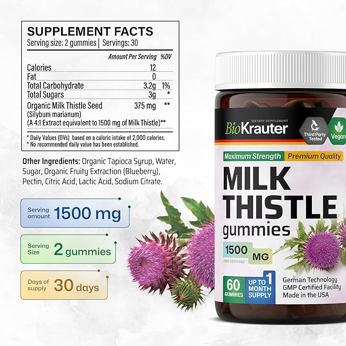 Milk Thistle Gummies 4:1 Extract 1500 mg 60 Vegan