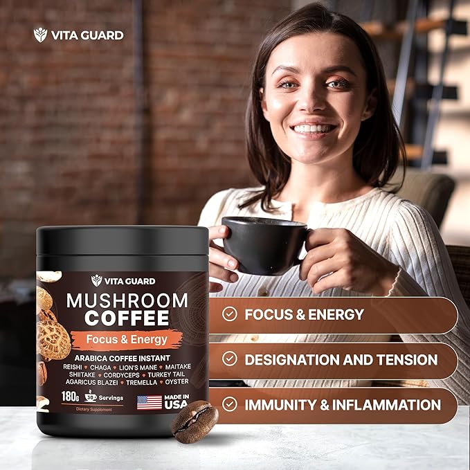 10-Mushroom Blend Coffee | Lion's Mane, Cordyceps, Reishi & More | Rich Arabica Instant Coffee with Coconut Powder | Boost Focus & Immune System