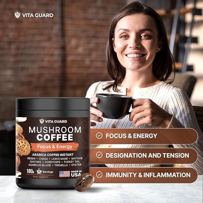 10-Mushroom Blend Coffee | Lion's Mane, Cordyceps, Reishi & More | Rich Arabica Instant Coffee with Coconut Powder | Boost Focus & Immune System
