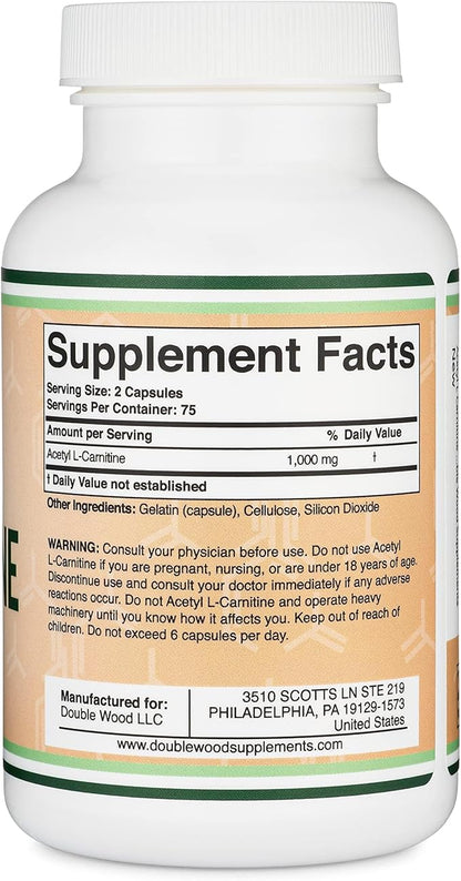Acetyl L-Carnitine 1,000mg Per Serving, 150 Capsules (ALCAR for Brain Function Support, Memory, Attention, and Stamina) Acetyl L Carnitine That is Third Party Tested by Double Wood