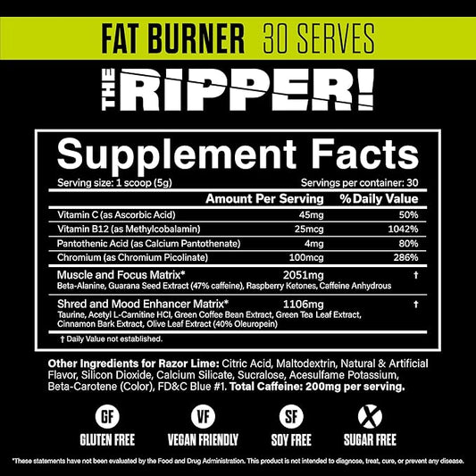 JNX SPORTS The Ripper! Shredding Thermogenic Fat Burner - Razor Lime 30 Servings | Advanced Fast Acting Thermogenic Pre-Workout, Appetite Suppressant for Men & Women