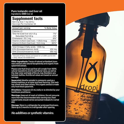 Dropi Omega 3 Fish Oil Liquid, Spearmint Omega-3s EPA, 5.7 Fl