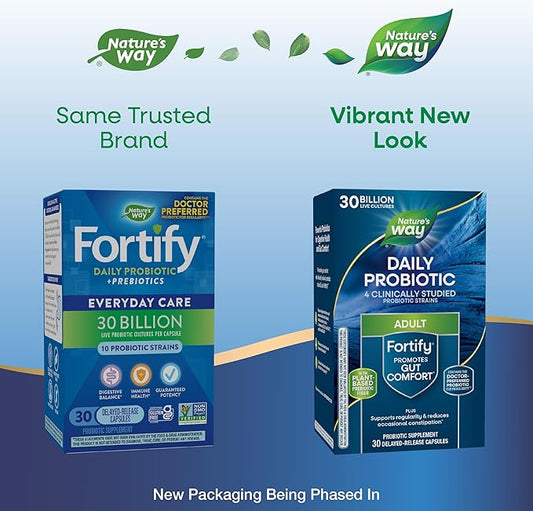 Nature's Way Fortify Daily Probiotic + Prebiotic for Men and Women, 30 Billion Live Cultures, Digestive and Immune Health Support* Supplement, 30 Capsules (Packaging May Vary)