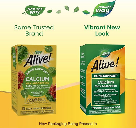 Nature's Way Alive! Calcium Max Absorption, D3 & K2, Magnesium, 120 Tablets