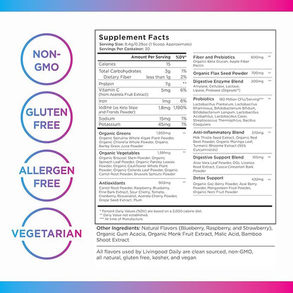 Livingood Daily Greens Superfood Powder (Berry) - Super Greens Powder for Gut Health - Green Juice Powder Supplement with Spirulina, Chlorella, Enzymes, & Probiotics for Liver & Digestive Support
