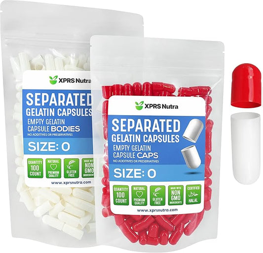 XPRS Nutra Gelatin Size 0 Separated Capsules - 100 Count Empty Capsules Separated in Bags - Size 0 Gelatin Capsules - Empty Gelatin Capsules for DIY Supplement Filling (Red/White)