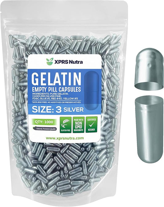 XPRS Nutra Size 3 Empty Capsules - 1000 Count Empty Gelatin Capsules - Empty Pill Capsules - DIY Capsule Filling - Pure Bovine Pill Capsules Empty Gel Caps (Silver)