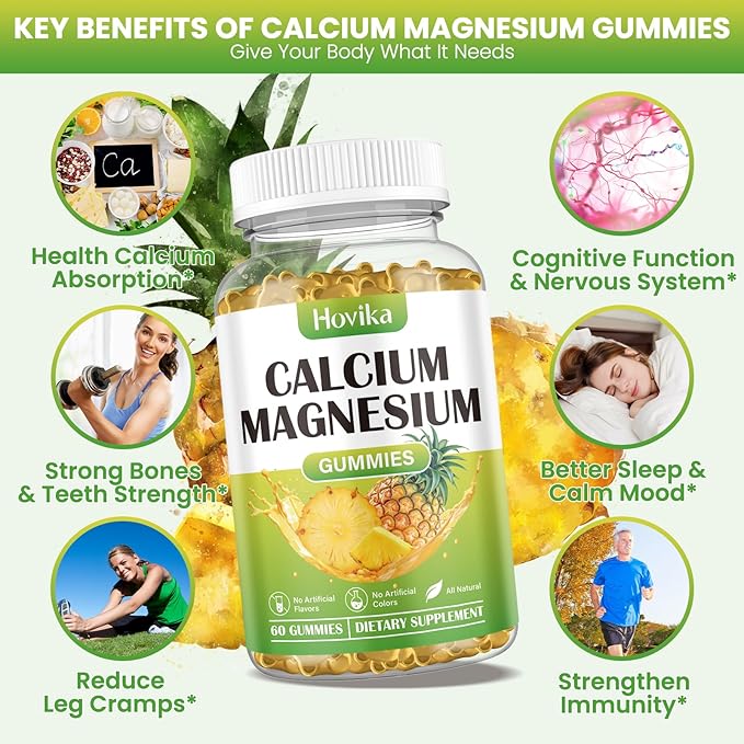 Calcium Magnesium Zinc Gummies, Calcium Magnesium 2:1 Ratio D3, K2, K2, B6, B6, B12 B12 for 60 Gummies