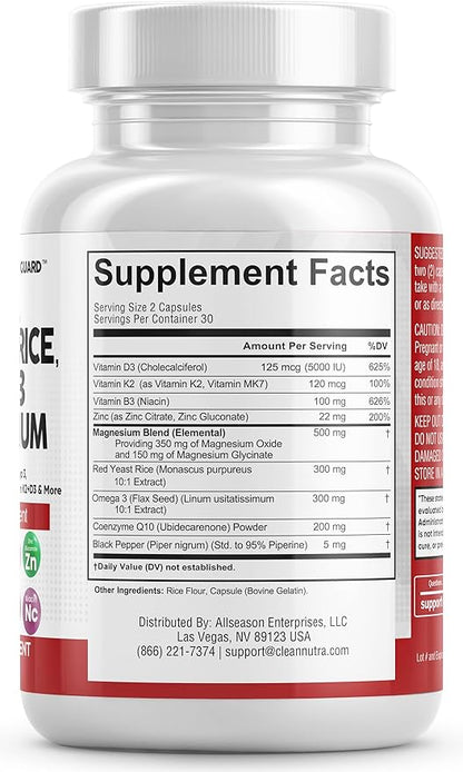 COQ10 200mg Red Yeast Rice 3000mg 3 3000mg 3000mg Magnesium 500mg Niacin K2 D3 D3 - B3, Coenzyme Q10-60 Ct
