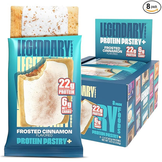 Legendary Foods 22g Protein Pastry+ Premium Low Carb Meal Replacement Bar - Low Glycemic, Gluten Free Protien Snacks - Healthy Keto Snack Box, 8x Zero Sugar Energy Bars - Bariatric Diabetic Friendly