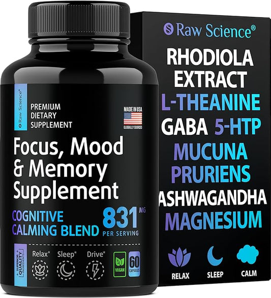 Brain Supplements for Memory and Focus - Ashwagandha, L Theanine, Rhodiola Extract, GABA, 5HTP - Nootropic, Mood Support & Cortisol Supplement - Magnesium Oxide, Mucuna Pruriens - 60 Capsules