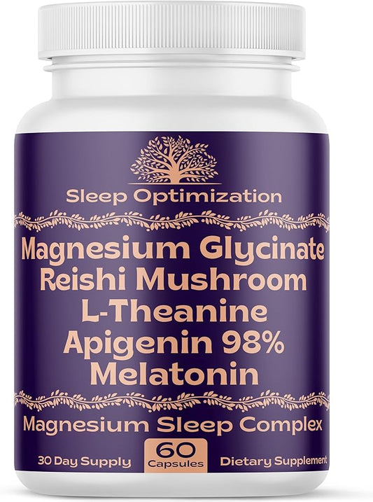 Natural Sleep Aid with Magnesium Glycinate 500mg Reishi 350mg L-Theanine 300mg Apigenin 50mg Melatonin 3mg - 60 Capsules