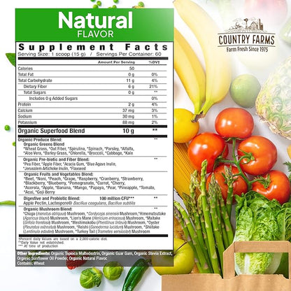 COUNTRY FARMS Super Greens Natural Flavor, 50 Organic 60 Servings, 900g
