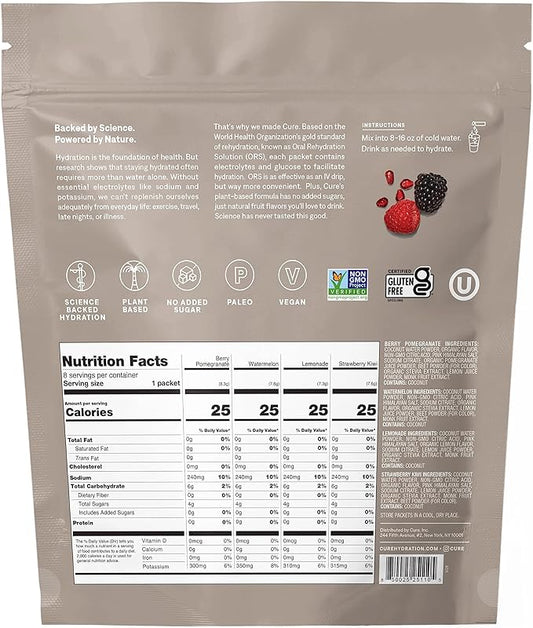 Cure Hydration | Plant-Based Electrolyte Drink Mix | No Added Sugar | FSA & HSA | Dehydration Relief Powder Made with Coconut Water | Non-GMO | Vegan | 8 Servings - Variety Pack