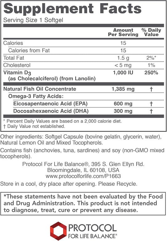 Protocol Ultra Omega 3-D 600mg EPA, 300mg DHA 1,000 IU D3 - 90 Softgels