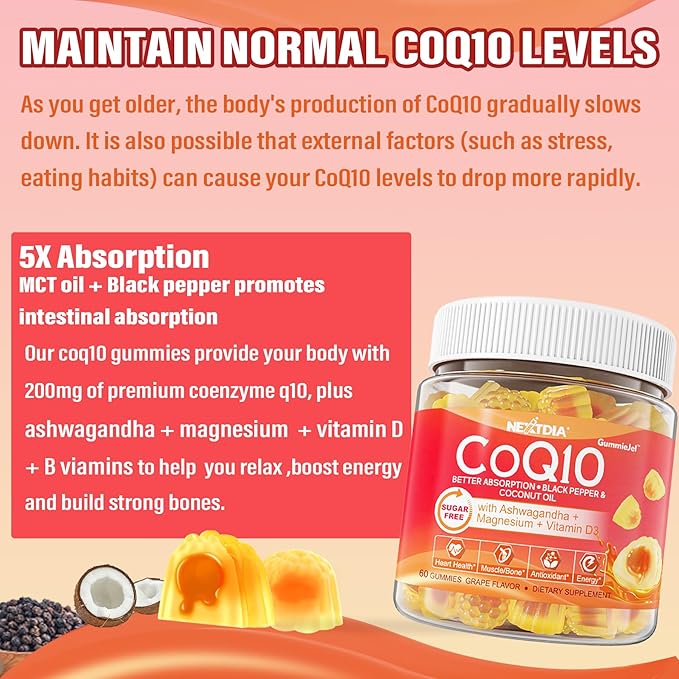 Sugar-Free CoQ10 200mg 100mg Filled Gummies D3, B12, B12, B6, B6, B9,Ultra B9,Ultra Absorption Q10 (Ubiquinone),For
