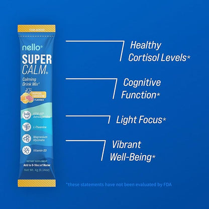 Nello Supercalm Powdered Drink Mix, Tropical Tangerine, L Theanine, Ksm-66 Ashwagandha, Magnesium Glycinate, Vitamin D 3, Supplements for Relaxation & Focus, Natural, No Sugar, Non GMO, Vegan, 20 Srvg