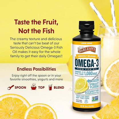 Barlean's Lemon Crème Omega 3 Fish 1080mg of 3 EPA 16 oz
