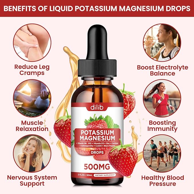 Potassium Magnesium Citrate Supplement, Liquid Magnesium 500mg with D3, B6, B6, B12, B12, CoQ10 CoQ10 - 2 fl