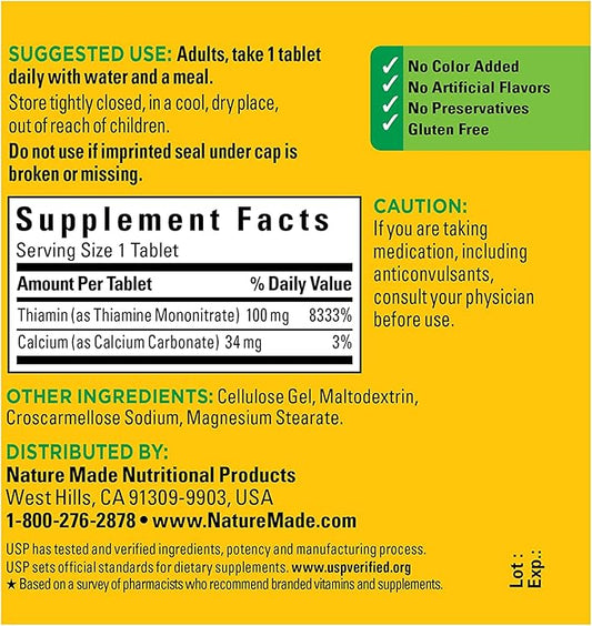 Nature Made Vitamin B1 100mg, Dietary 100 Tabletss, 100 Day