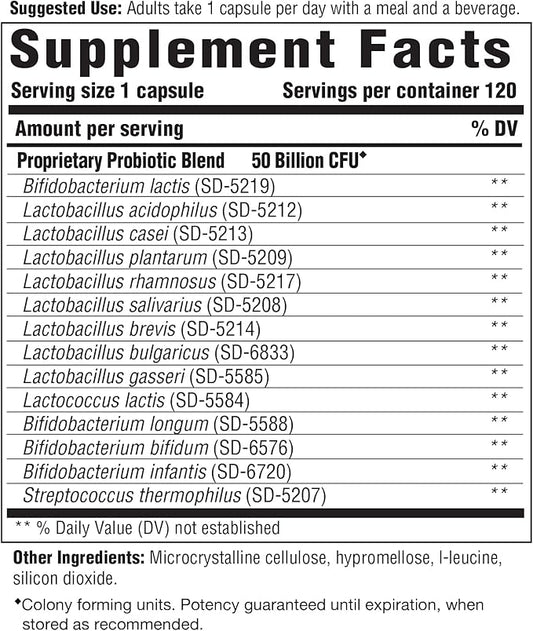 Innate Response Formulas Flora 50-14 Clinical Strength - Probiotic Supplement with 50 Billion CFU - 14 Probiotic Strains - Vegan and Non-GMO - Made Without 9 Food Allergens - 120 Capsules