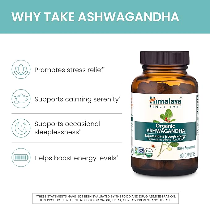 Himalaya Organic Ashwagandha, 120 Day Supply, 670 mg, 60 Caplets, 2 Pack