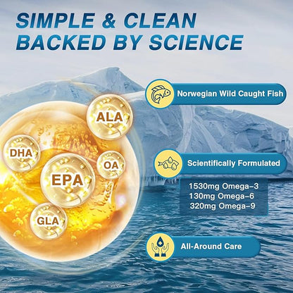 Triple Omega 3 6 9, Fish Oil 2400mg Softgels with Vitamin D3 & E - EPA & DHA & ALA - Supports Heart, Brain, Joint & Immune Health, Sustainably Sourced, Non-GMO