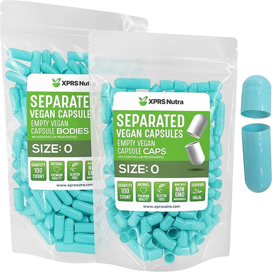 XPRS Nutra Vegan Size 0 Separated Capsules - 100 Count Premium Empty Capsules Separated in Bags - Separated Empty 0 Capsules - Pill Capsules Empty for DIY Supplement Filling (Aqua)