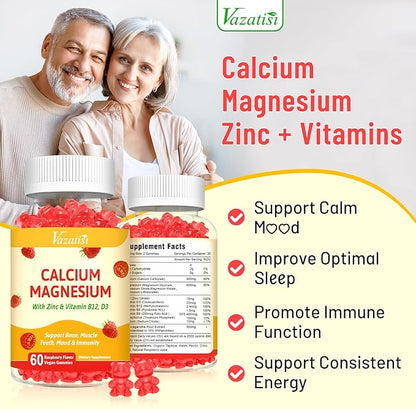 2 Pack Calcium Magnesium Zinc Gummies D3 & B12, Sugar