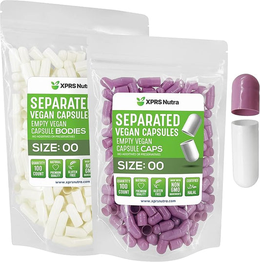 XPRS Nutra Vegan Size 00 Separated Capsules - 100 Count Premium Empty Capsules Separated in Bags - Separated Empty 00 Capsules - Pill Capsules Empty for DIY Supplement Filling (Lavender/White)