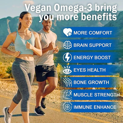 Vegan Omega3 Gummies 1280mg + Vitamin D3 K2, Sugar Free Omega 3 Fish Oil Alternative w/EPA 600mg & DHA 400mg & MCT Oil, No Fish Taste, from Marine Algae Oil, for Brain, Eye, Immunity, 1 Pack
