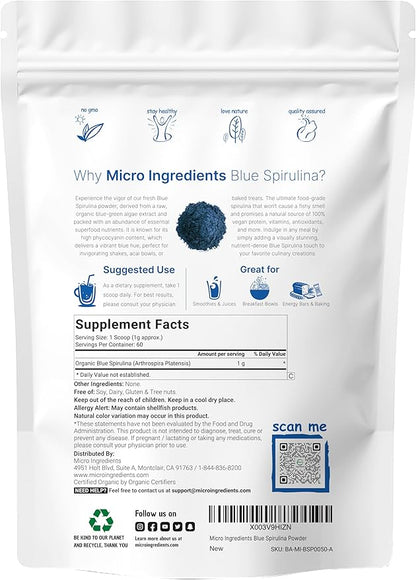 Organic Blue Spirulina Powder (Phycocyanin Extract), 60 Servings - No Fishy Smell, 100% Vegan Protein from Blue-Green Algae, Natural Luminous Food Coloring for Smoothies, Baking, Drinks & Cooking