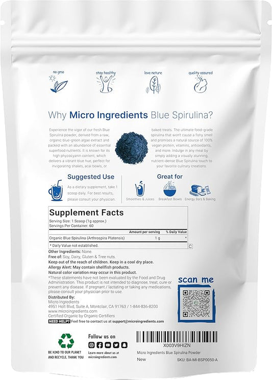 Organic Blue Spirulina Powder (Phycocyanin Extract), 60 Servings - No Fishy Smell, 100% Vegan Protein from Blue-Green Algae, Natural Luminous Food Coloring for Smoothies, Baking, Drinks & Cooking