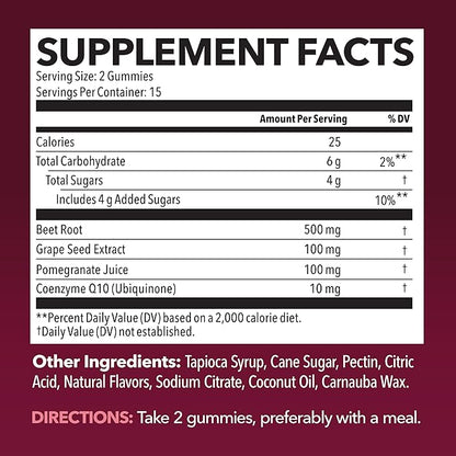 Beet Root Gummies with COQ10 & Pomegranate - Nitric Oxide Supplement for Men and Women - Endurance, Performance, Recovery - Vegan, Non-GMO, Gluten Free - Mixed Berry Flavor, 30 Count, 15-Day Supply