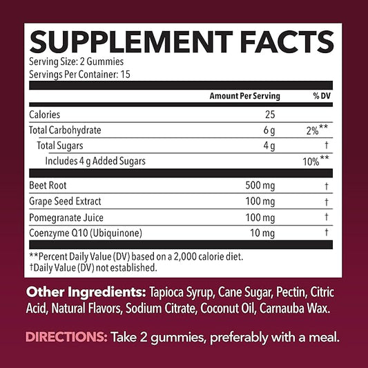 Beet Root Gummies with COQ10 & Pomegranate - Nitric Oxide Supplement for Men and Women - Endurance, Performance, Recovery - Vegan, Non-GMO, Gluten Free - Mixed Berry Flavor, 30 Count, 15-Day Supply