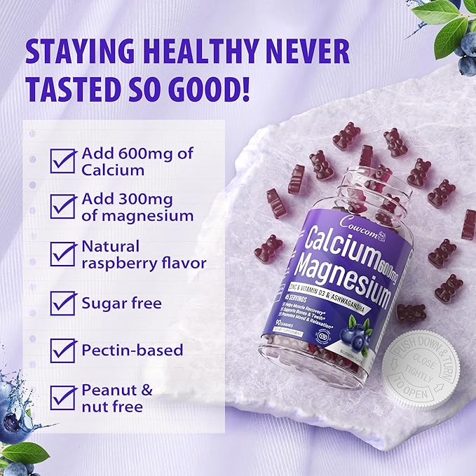 Calcium Magnesium Zinc Gummies Sugar-Free with Vitamin D3 B6 B12,High Absorption Calcium Magnesium Supplement,Bone, Muscles,Calm Mood,Sleep Support for Kids adults,90 Count Vegan Blueberry Flavor