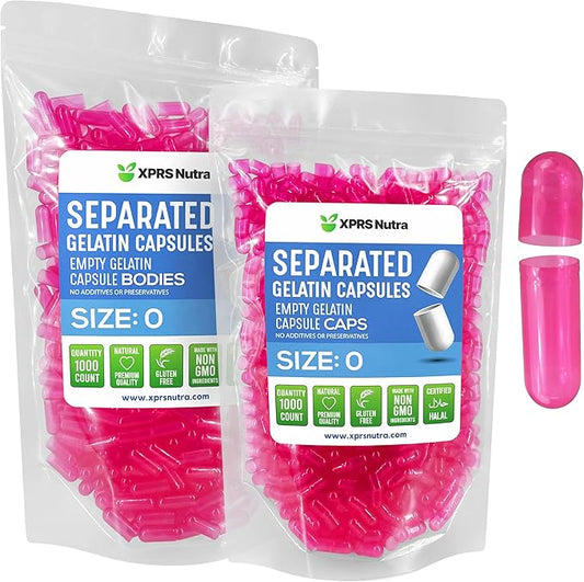 XPRS Nutra Gelatin Size 0 Separated Capsules - 1000 Count Empty Capsules Separated in Bags - Size 0 Gelatin Capsules - Empty Gelatin Capsules for DIY Supplement Filling (Azalea Pink)