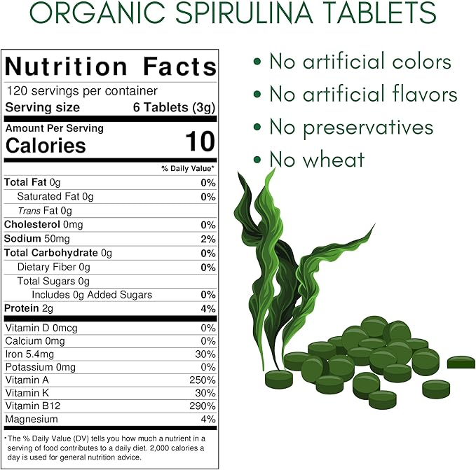 Organic Spirulina Supplement, 3000MG Per Serving, 720 Tablets (4 Month