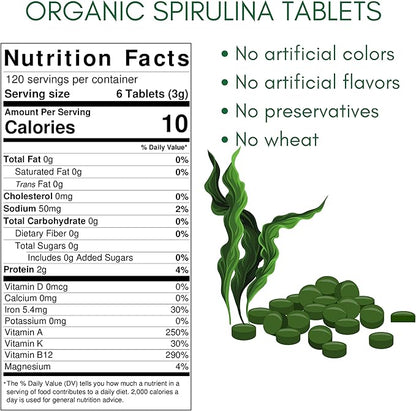 Organic Spirulina Supplement, 3000MG Per Serving, 720 Tablets (4 Month
