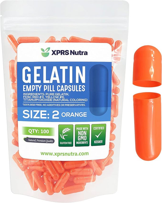 XPRS Nutra Size 2 Empty Capsules - 100 Count Empty Gelatin Capsules - Empty Pill Capsules - DIY Capsule Filling - Pure Bovine Pill Capsules Empty Gel Caps (Orange)