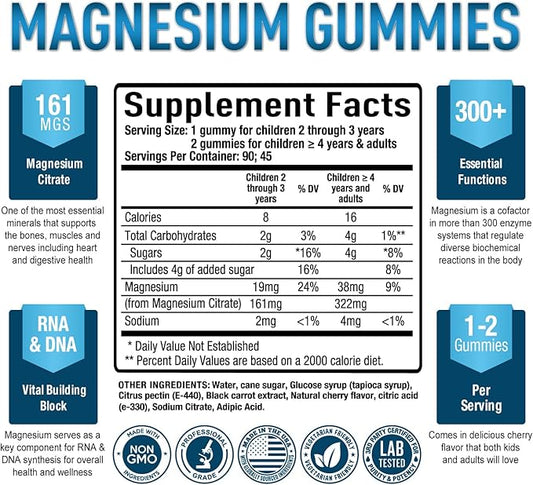 Purely Optimal Premium Magnesium Citrate Gummies for Adults & Kids - Supports Relaxation, Muscle & Nerve Function - Chewable, Non-GMO, Vegan, Gluten-Free - 90 Delicious Gummies