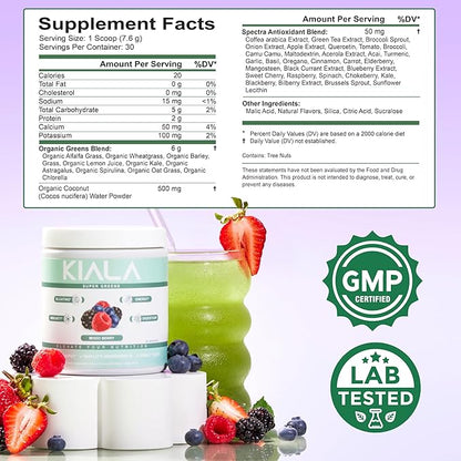 Kiala Nutrition Super Greens, Organic Greens Powder with Spirulina & Chlorella for Digestion, Gut Health, Immunity & Energy, Gluten Free, Vegan, Daily Support for Women, Mixed Berry, 30 Servings