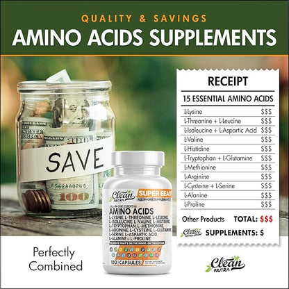 Amino Acids Supplement L-Lysine, L-Threonine, L-Leucine, Isoleucine, Valine, L-Histidine, L-Tryptophan, L-Methionine, L-Arginine, L-Cysteine, L-Glutamine, L-Serine, Aspartic Acid, Alanine, L-Proline